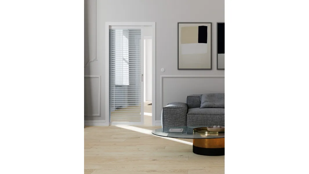 Porta per interni scorrevole Flat F1 in vetro con struttura in rovere di Foa