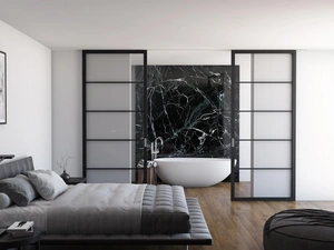 Porta per interni scorrevole Flat F5 in legno e vetro di Foa